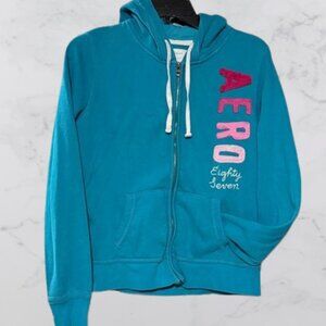 Y2K Aeropostale 87 Teal Blue Fleece Zip Up Hoodie Women’s Large